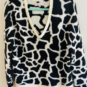 LOFT Black and White Animal Print V-Neck Sweater